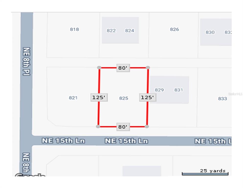This is a map showing the dimensions of a rectangular plot of land — 825 NE 15TH LANE, CAPE CORAL, FL