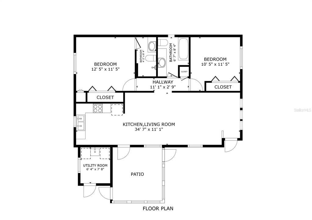 This is a floor plan showing a two-bedroom apartment with a combined kitchen and living room — 530 SUN UP STREET, NORTH FORT MYERS, FL