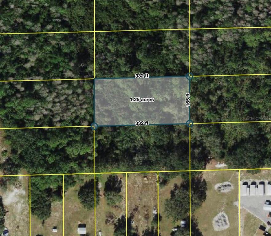 An aerial map shows a rectangular 1.25-acre plot of land marked with dimensions of 332 by 165 feet — POLK CITY, POLK CITY, FL