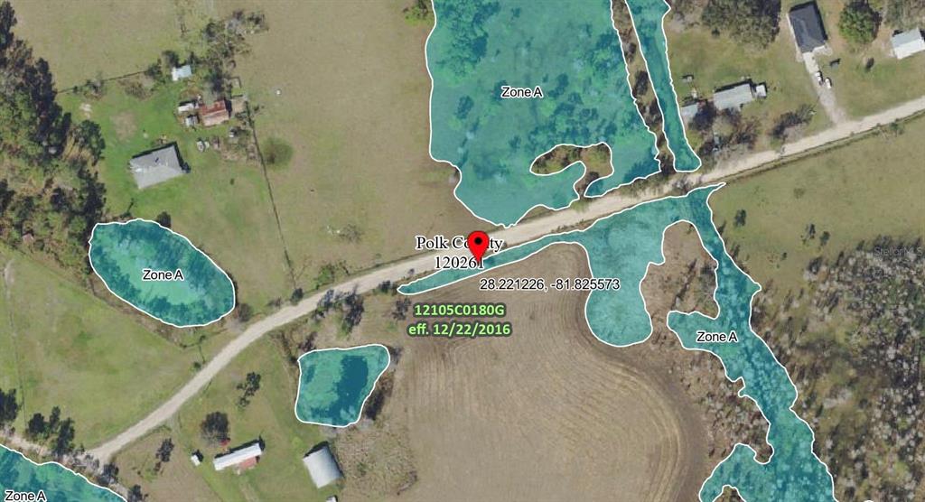 This is a satellite map showing FEMA flood zones in a rural area — POLK CITY, POLK CITY, FL