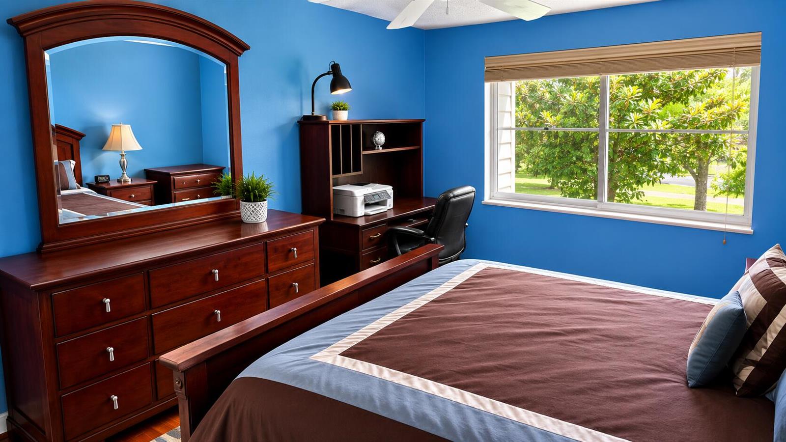 A bedroom with blue walls, a wooden dresser with a mirror, and a brown bed — 2620 SW 22nd Avenue # 1004, Delray Beach FL 33445, DELRAY BEACH, FL
