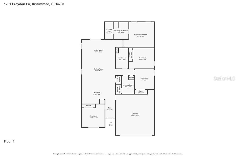 This is a floor plan of a single-story house featuring four bedrooms and a garage — 1201 CROYDON CIRCLE, KISSIMMEE, FL