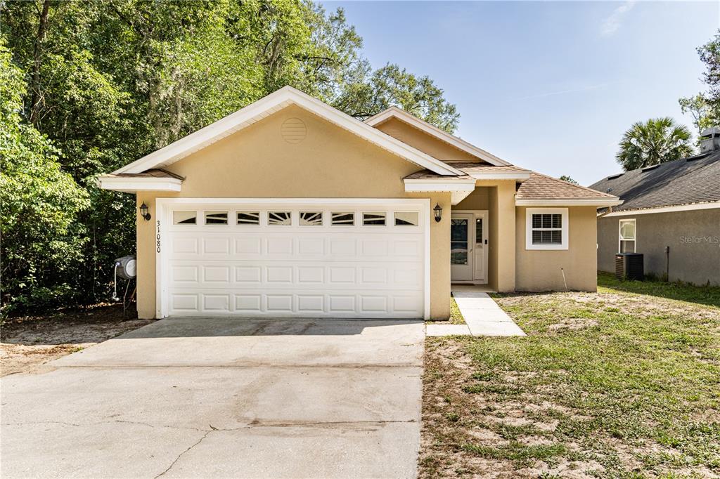 A single-story house with a beige stucco exterior, a two-car garage, and a concrete driveway — 31080 LOCHMORE CIRCLE, SORRENTO, FL