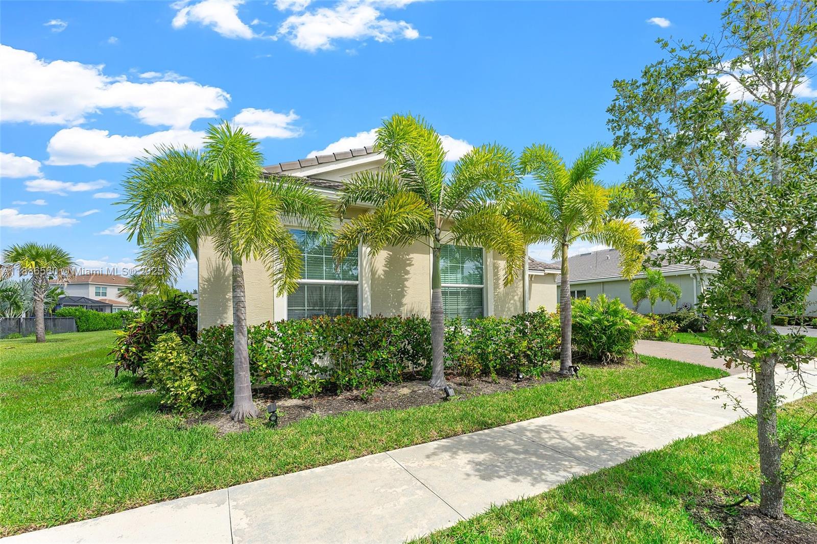 A beige house exterior features three palm trees and a sidewalk in the front yard — 15901 Meadowlark Ct, Loxahatchee FL 33470, LOXAHATCHEE, FL