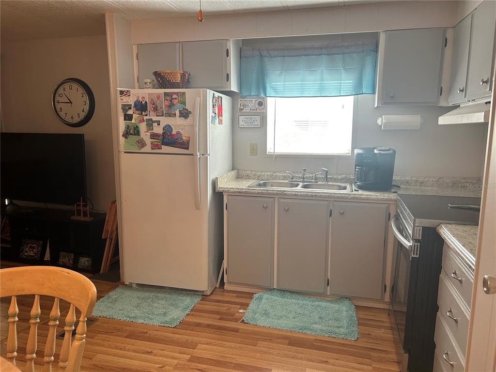 A kitchen features light gray cabinets, a white refrigerator, and a double sink under a window — 131 MALAYON WAY, LEESBURG, FL