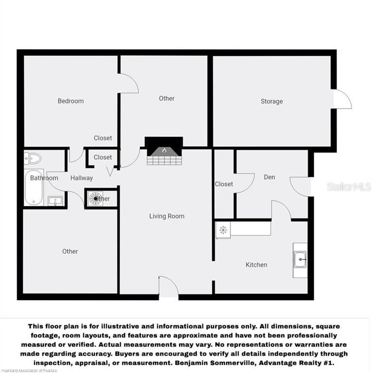 This is a floor plan showing a one-bedroom home with a den, kitchen, and bathroom — 930 W MAIN STREET, AVON PARK, FL
