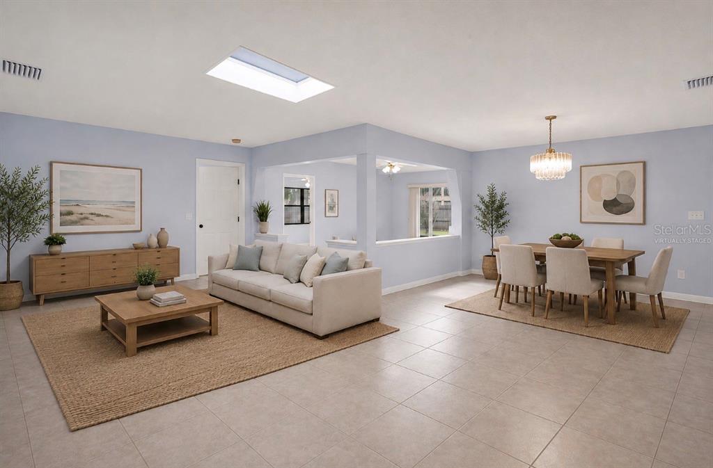 This living and dining room features light blue walls, tile flooring, and a skylight — 2807 SUNBRANCH DRIVE, ORLANDO, FL