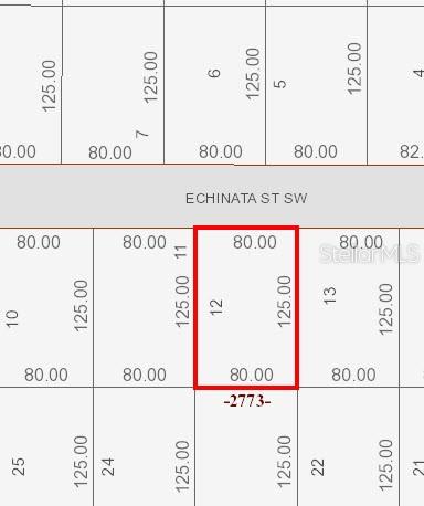 This is a plat map showing the rectangular lot boundaries and dimensions for parcel 12 — 1032 ECHINATA STREET SW, PALM BAY, FL