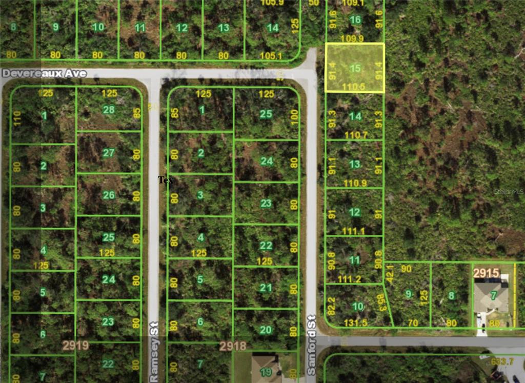 This is a map showing property lot lines and parcel numbers for a residential area — 1232 SANFORD STREET, PORT CHARLOTTE, FL