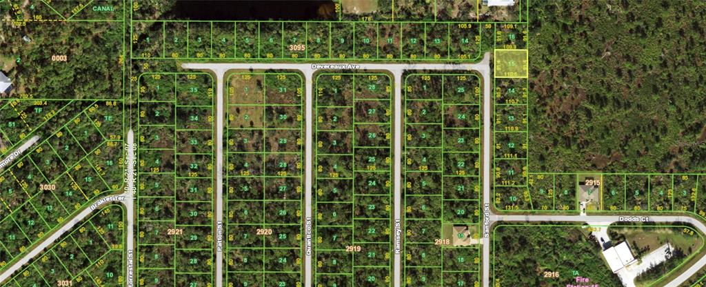 This is a satellite map showing a grid of residential land parcels and streets — 1232 SANFORD STREET, PORT CHARLOTTE, FL