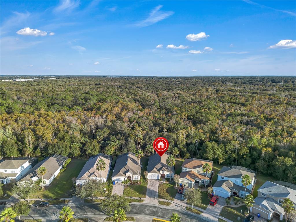 An aerial view shows a suburban neighborhood street with houses backing onto a dense forest — 4700 CUMBRIAN LAKES DRIVE, KISSIMMEE, FL