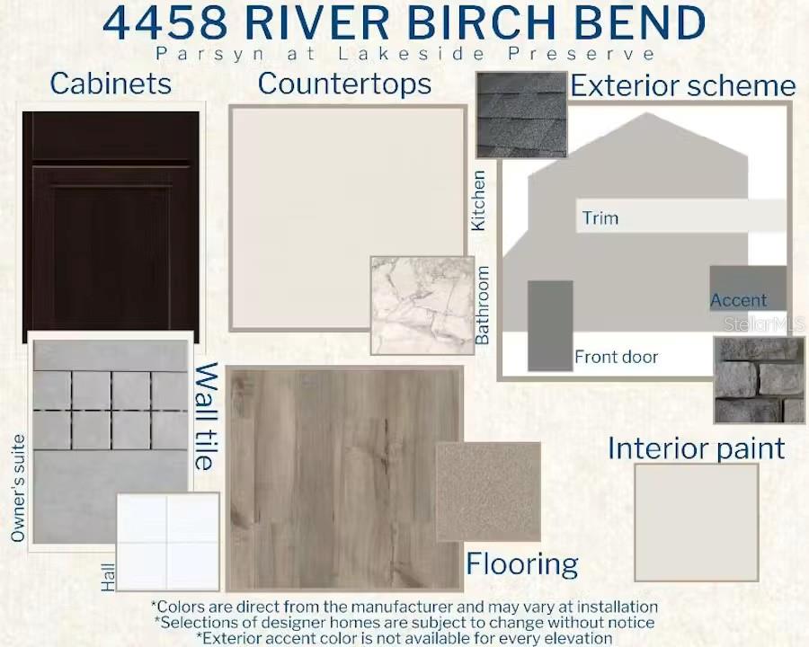 This design board displays interior and exterior finish samples for a residential home — 4458 RIVER BIRCH BEND, LAKELAND, FL