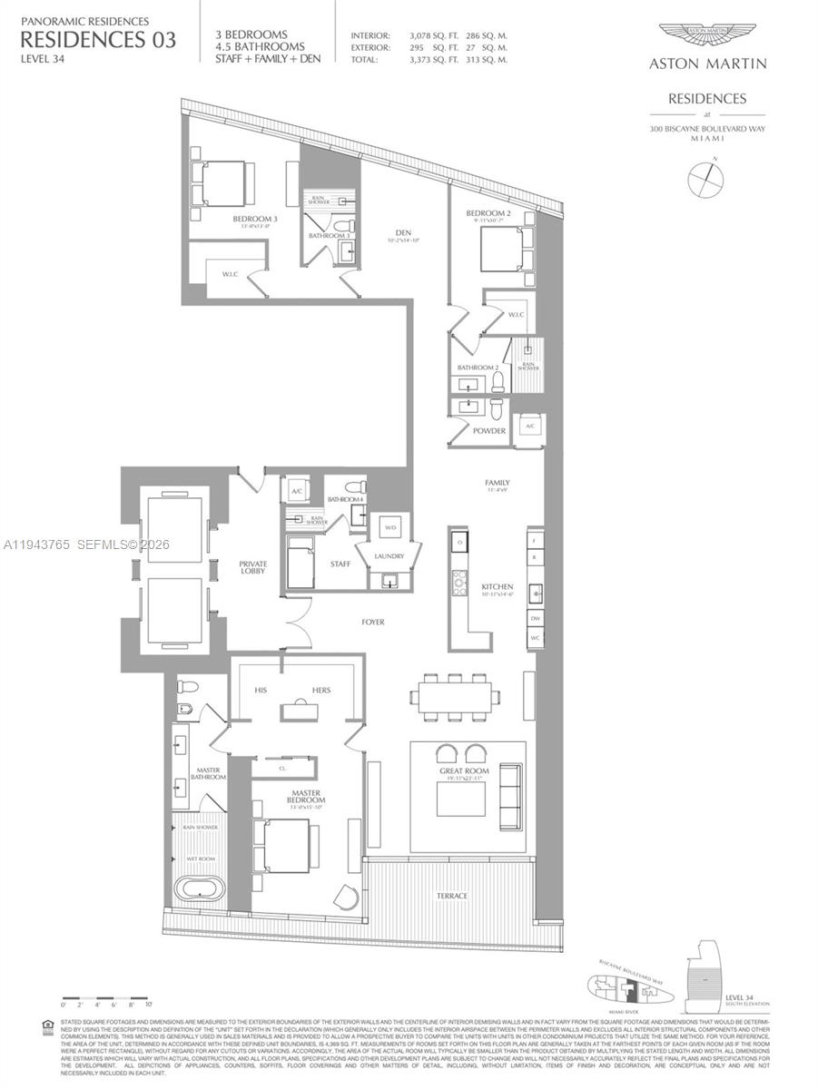 This is a floor plan for a three-bedroom residential unit with a terrace — 300 Biscayne Blvd Way # 3403, Miami FL 33131, MIAMI, FL
