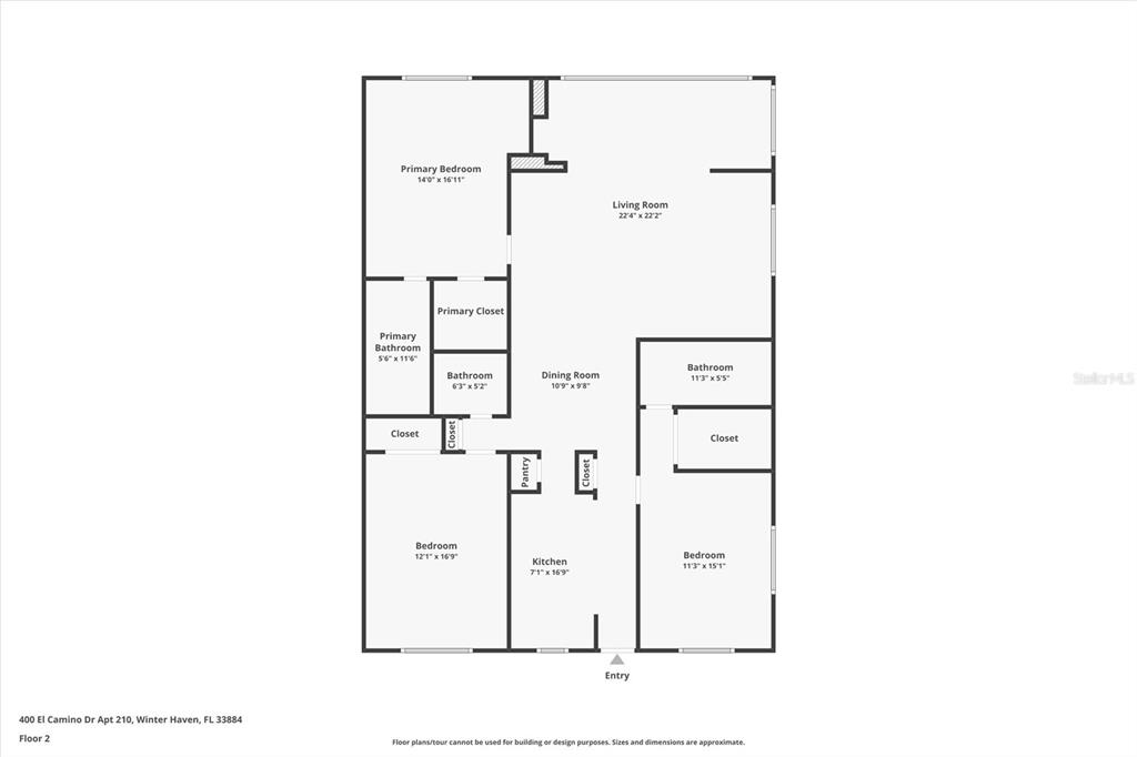 This is a floor plan for a three-bedroom apartment with two bathrooms and a kitchen — 400 EL CAMINO DRIVE UNIT 210, WINTER HAVEN, FL