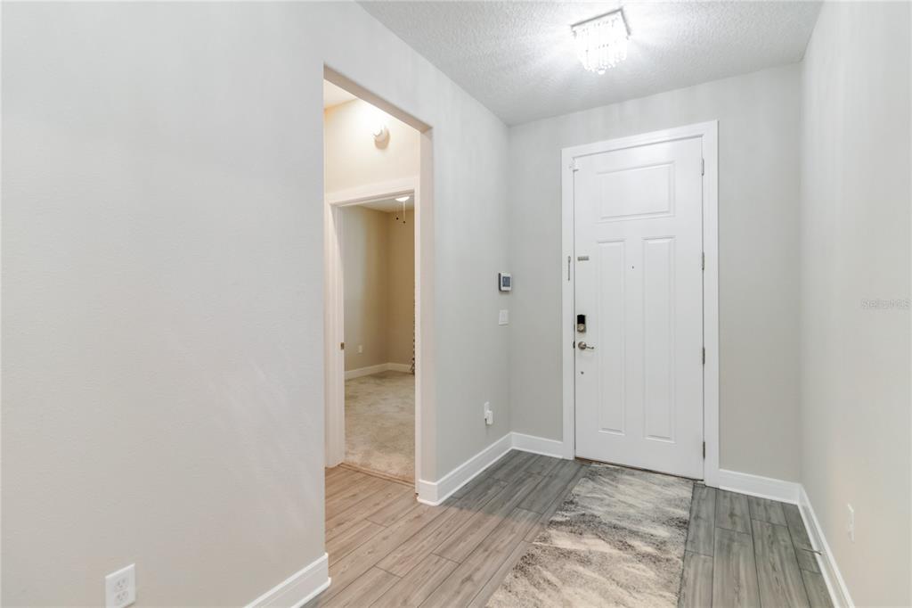 An entryway with light gray walls, wood-look tile flooring, and a white front door — 4067 MEANDERING BAY DRIVE, APOPKA, FL