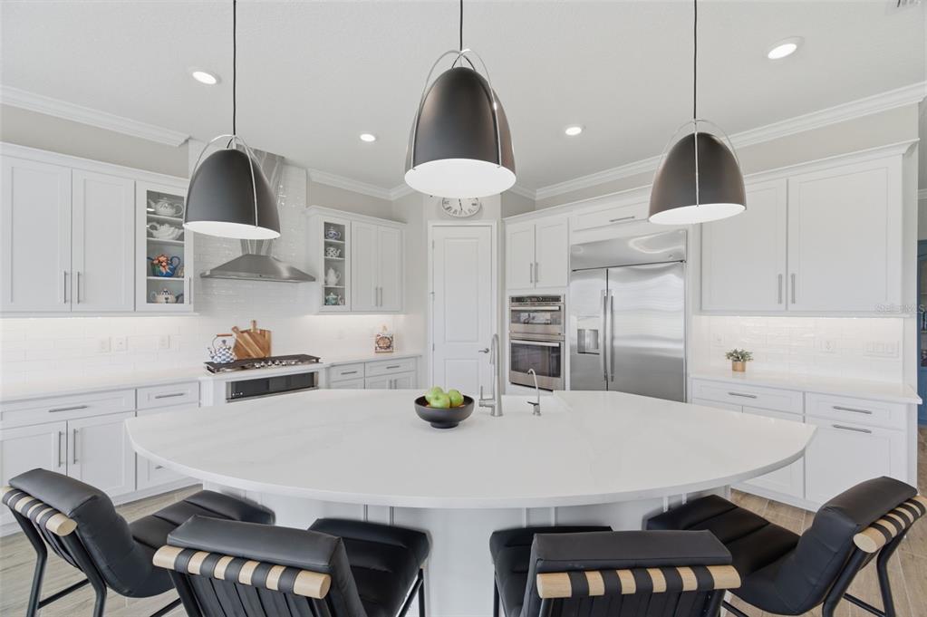 A white kitchen features a large, curved island, black pendant lights, and stainless steel appliances — 29657 PICANA LANE, WESLEY CHAPEL, FL