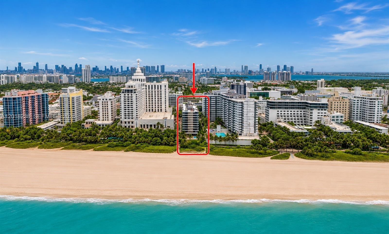 An aerial view shows a beachfront condominium building highlighted by a red box and arrow — 1621 Collins Ave # 310, Miami Beach FL 33139, MIAMI BEACH, FL
