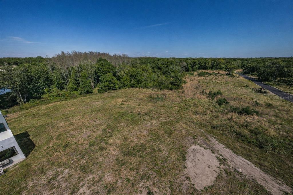 An aerial view shows a vacant, grassy lot bordered by trees and a paved road — 210 SKYTRAIL, TAMPA, FL