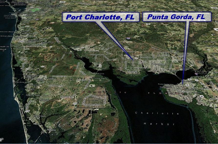 This is an aerial map showing the locations of Port Charlotte and Punta Gorda, Florida — 18113 LUSCAR AVENUE, PORT CHARLOTTE, FL
