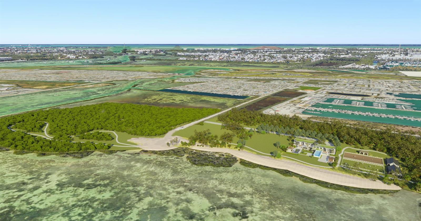 This is a digital rendering of a coastal property featuring a park, marina, and buildings — 7200 5th Street, Key West FL 33040, KEY WEST, FL