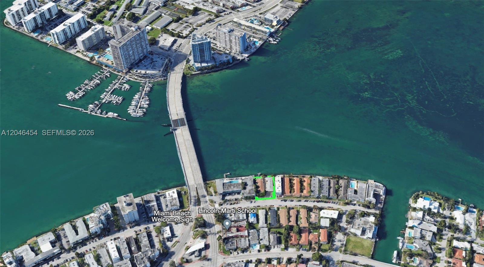 This is an aerial map view of a waterfront residential area in Miami Beach — 2130/2140 Bay Dr, Miami Beach FL 33141, MIAMI BEACH, FL