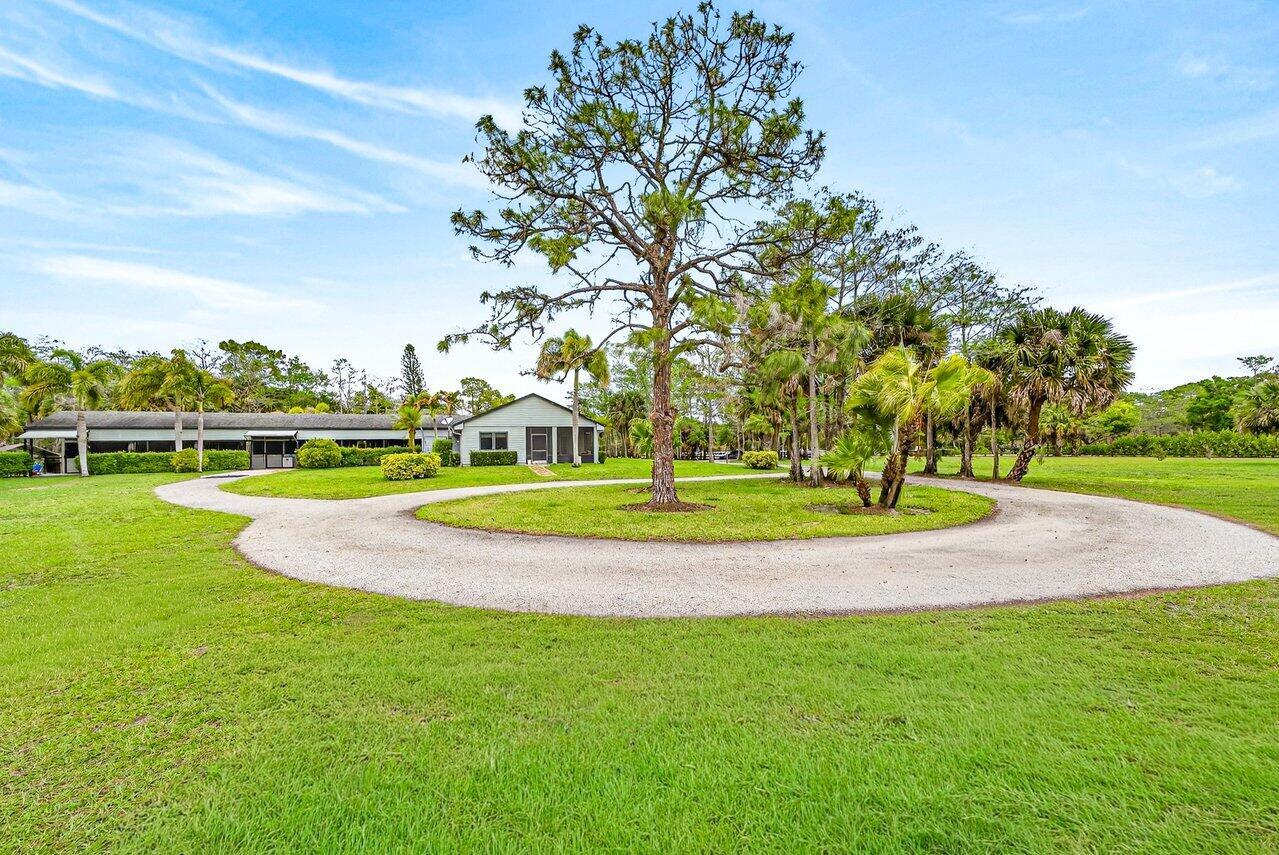 A circular gravel driveway leads to a single-story house surrounded by trees and lawn — 2741 Buck Ridge Trail, Loxahatchee FL 33470, LOXAHATCHEE, FL