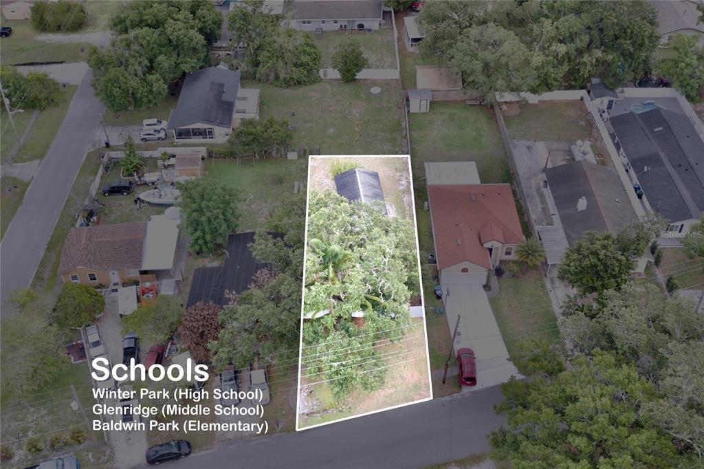 An aerial view shows a rectangular lot with a large tree and a small structure — 1333 SUSANNAH BOULEVARD, ORLANDO, FL