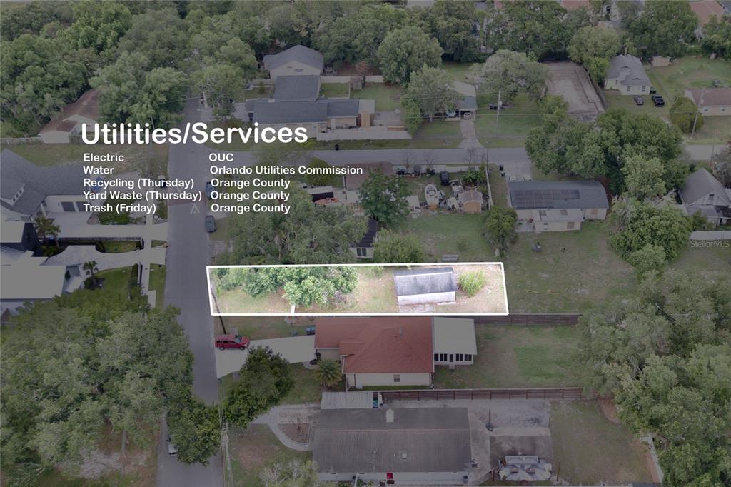 This aerial view shows a residential property with a highlighted backyard shed and utility information — 1333 SUSANNAH BOULEVARD, ORLANDO, FL