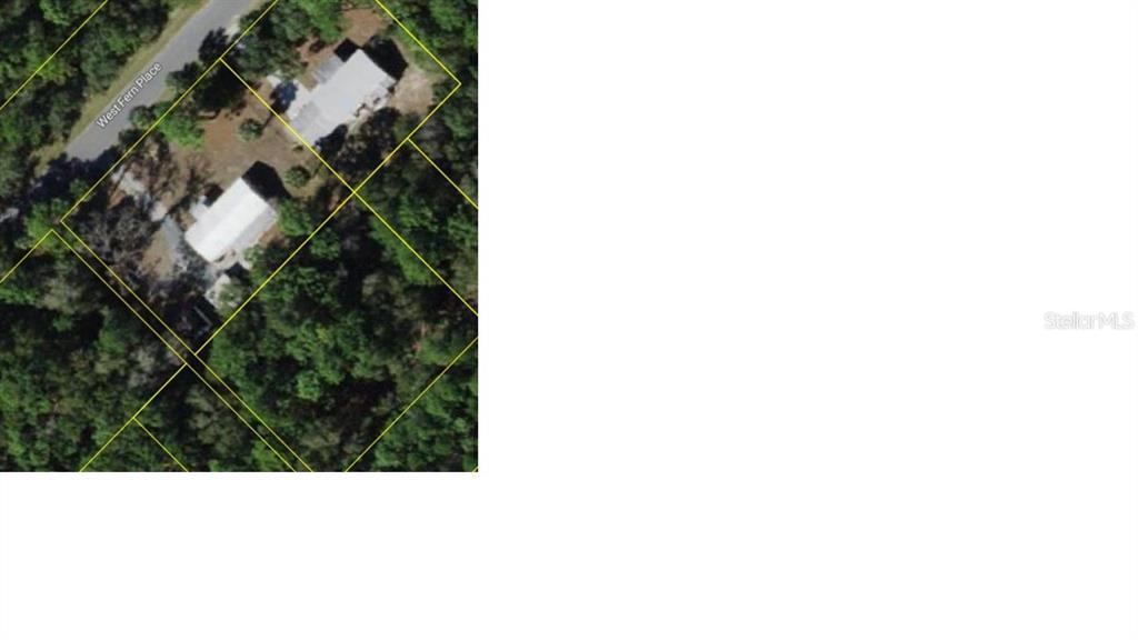 This aerial map shows two buildings on a wooded lot along West Fern Place — 7941 W OX EYE PLACE, HOMOSASSA, FL