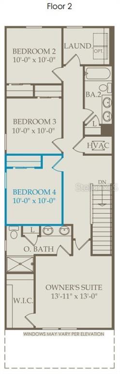 This is a floor plan of a second story featuring four bedrooms, two bathrooms, and laundry — 2122 SOUTHBURY DRIVE, KISSIMMEE, FL