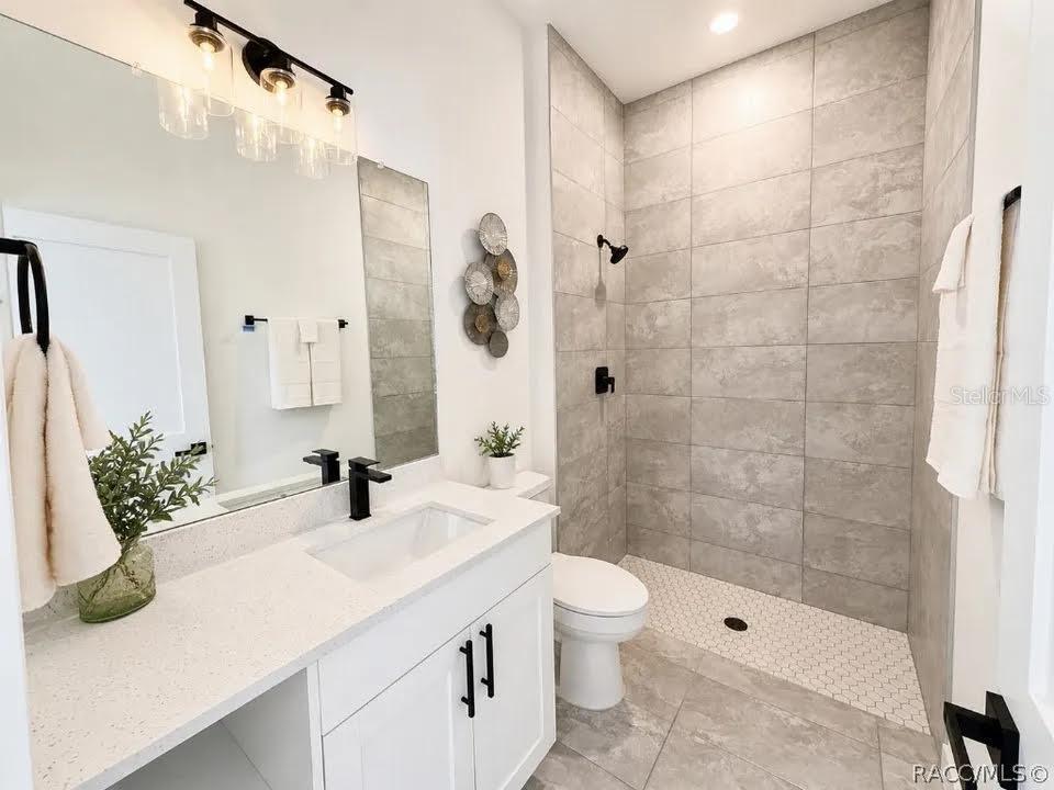 A modern bathroom features a white vanity, a walk-in shower with gray tiles, and black fixtures — 9509 N OLD MILL WAY, DUNNELLON, FL