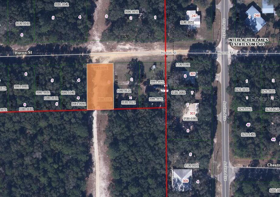 This is a satellite map showing property lot lines and parcel numbers in a residential area — 00 HURAN STREET, INTERLACHEN, FL