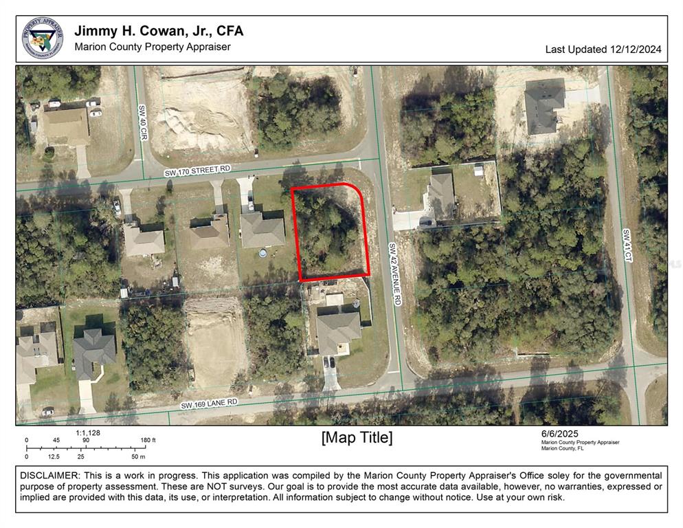 This is a property map showing a vacant lot outlined in red in Marion County — 0 SW 170TH STREET ROAD, OCALA, FL