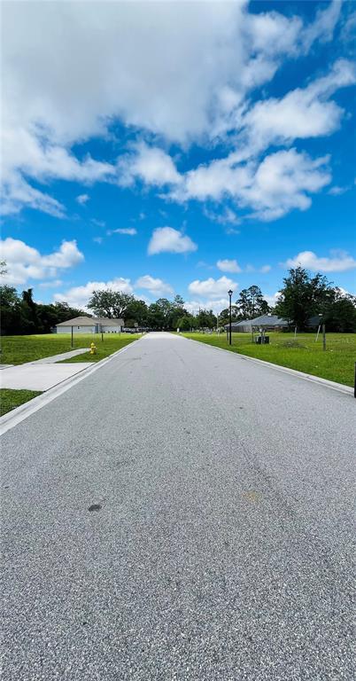 A paved residential street stretches between two grassy vacant lots under a blue sky — 6050 PATRIOTS LANDING LANE, JACKSONVILLE, FL