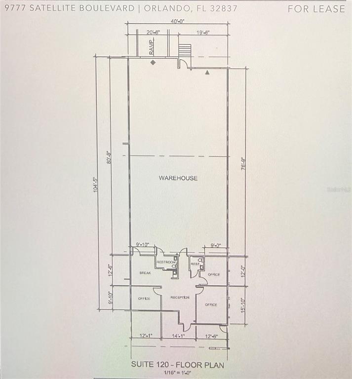 This is a floor plan for a commercial suite featuring a warehouse, offices, and restrooms — 9777 SATELLITE BOULEVARD, ORLANDO, FL