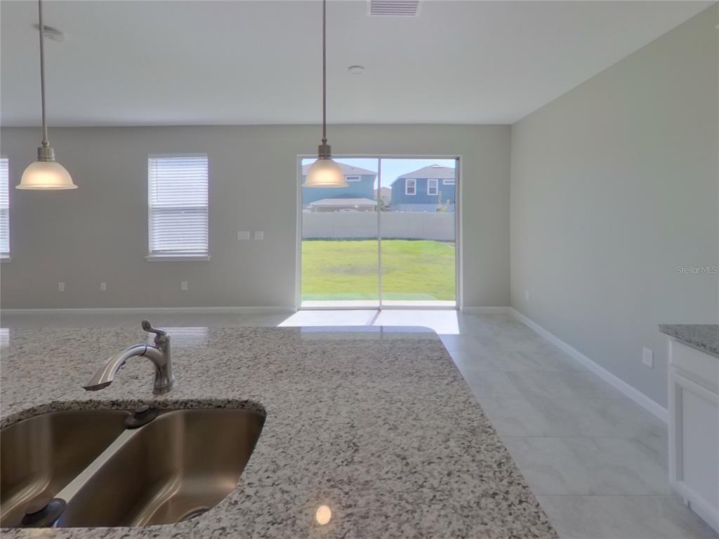 A kitchen island with a granite countertop and sink overlooks a living area with sliding doors — 11611 GOLD DUST COURT, RIVERVIEW, FL
