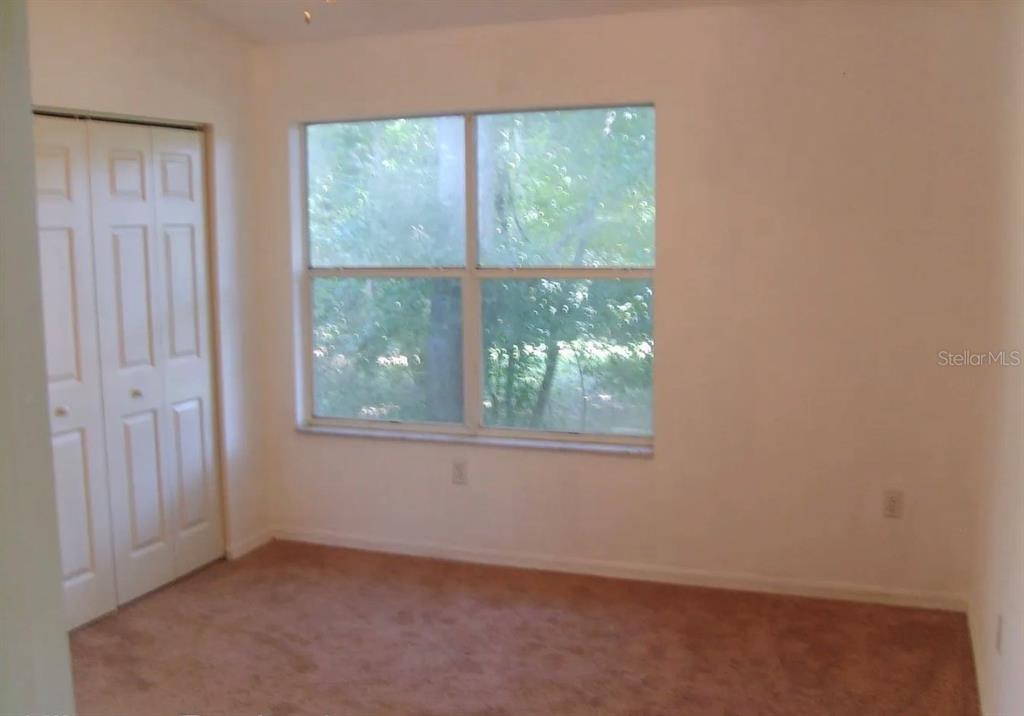 A bedroom with beige carpet, white walls, a closet, and a window overlooking trees — 4415 SW 34TH STREET UNIT 708, GAINESVILLE, FL