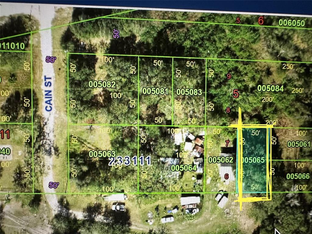 This is a property map showing parcel boundaries and dimensions overlaid on an aerial view — 0 CAIN STREET, MULBERRY, FL
