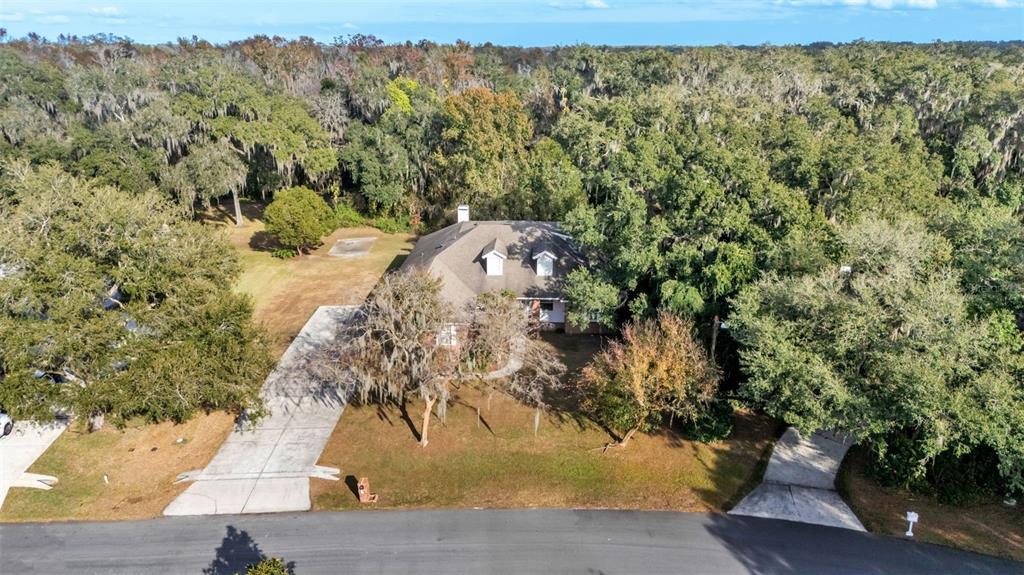 An aerial view shows a house with a gray roof surrounded by dense trees — 1345 LONGOAK DR DRIVE N, LAKELAND, FL