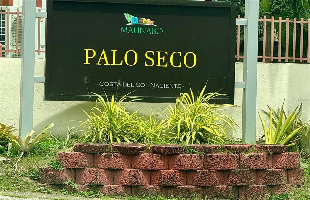 A sign for Palo Seco in Maunabo sits behind a brick planter with ornamental plants — Km 0.9 ROUTE 759, MAUNABO, PR