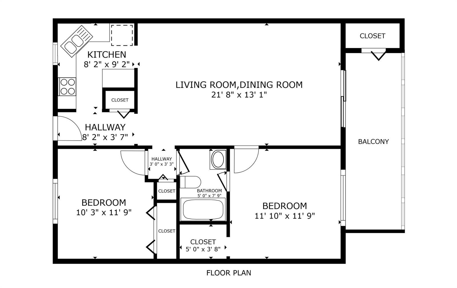 This is a two-bedroom apartment floor plan featuring a kitchen, living area, bathroom, and balcony — 1982 SW Palm City Road # I, Stuart FL 34994, STUART, FL