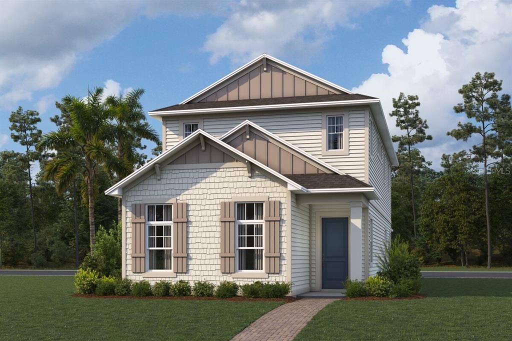 A digital rendering of a two-story house with light-colored siding, shake shingles, and a walkway — 6717 RUCKSACK ROAD, ST CLOUD, FL