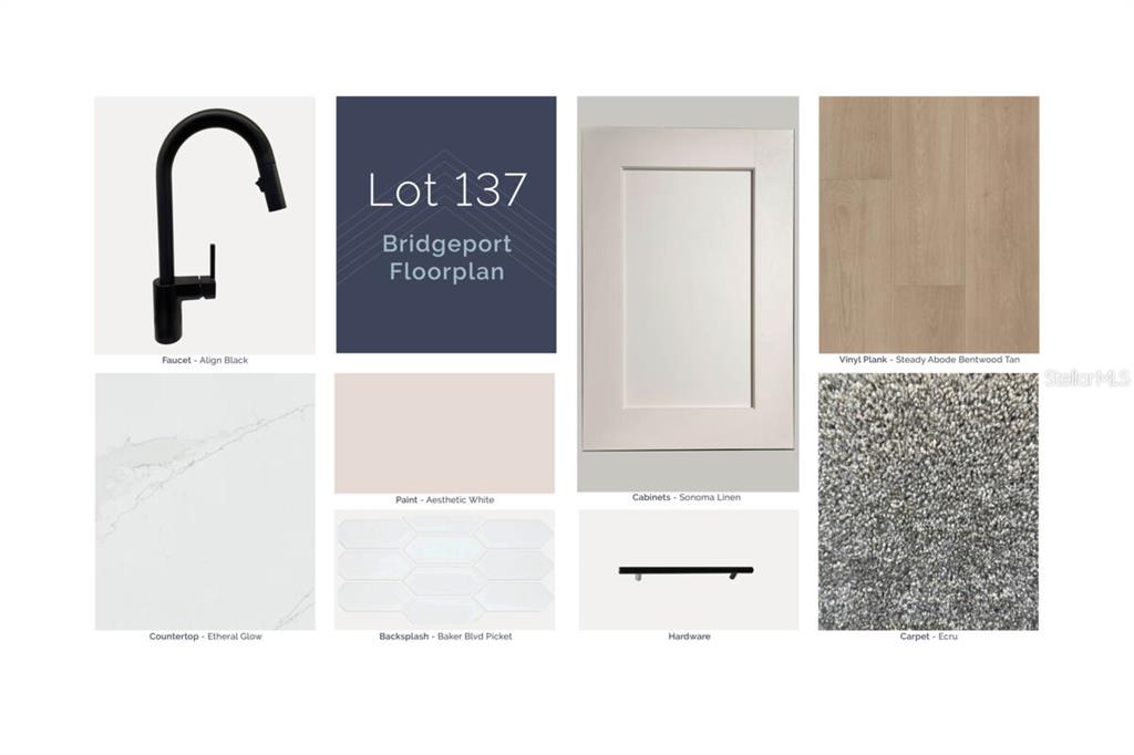 This image is a design board showing interior finish samples for a home — 6717 RUCKSACK ROAD, ST CLOUD, FL