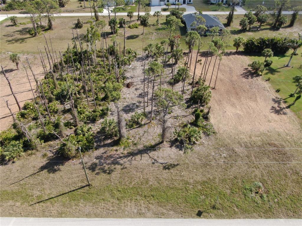 An aerial view shows a vacant, partially wooded residential lot with scattered pine trees — 283 ROTONDA BOULEVARD S, ROTONDA WEST, FL