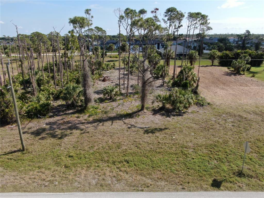 An aerial view of a vacant, partially wooded residential lot with scattered pine trees — 283 ROTONDA BOULEVARD S, ROTONDA WEST, FL