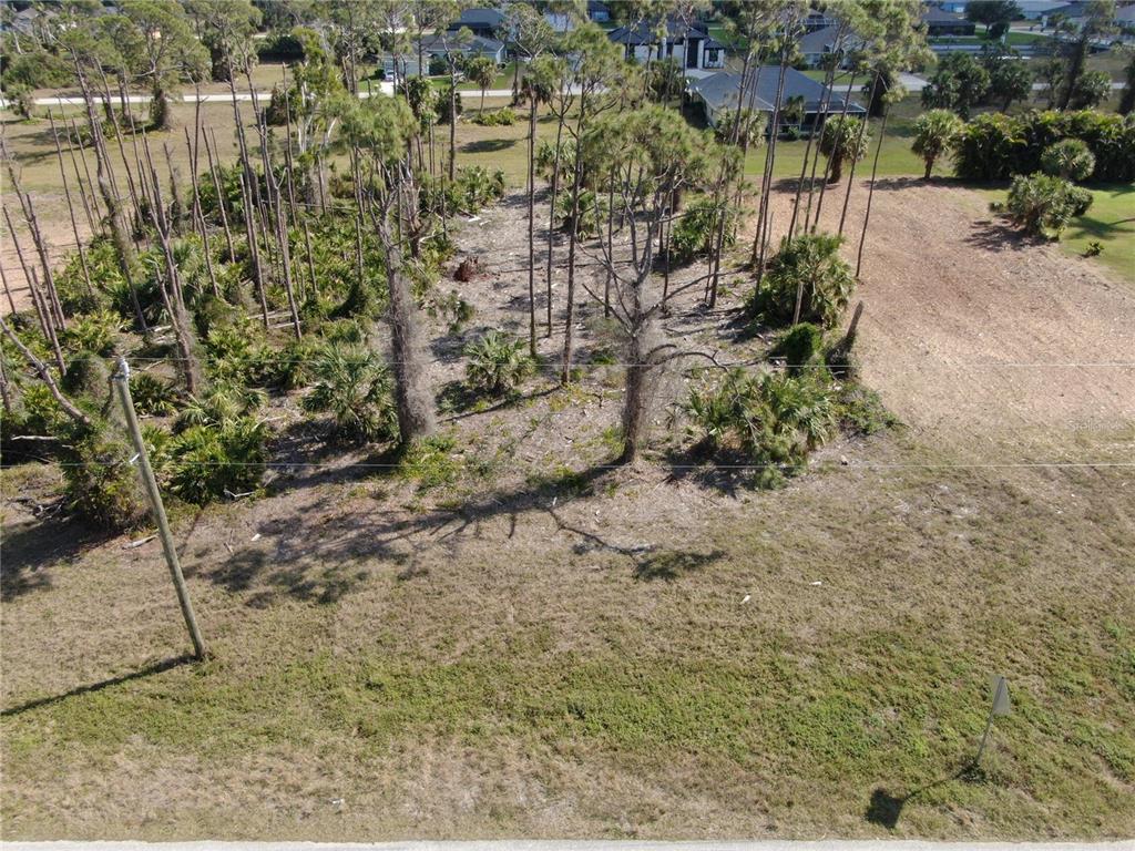 An aerial view of a vacant, partially wooded residential lot with scattered pine trees — 283 ROTONDA BOULEVARD S, ROTONDA WEST, FL