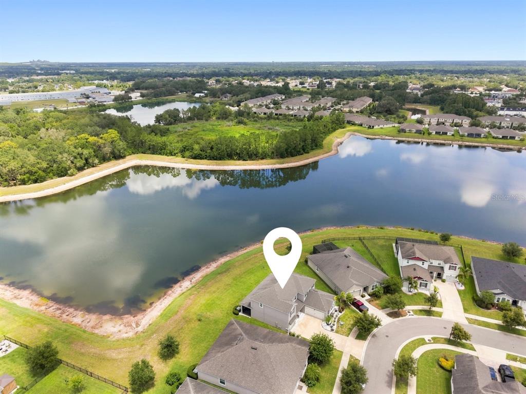 An aerial view shows a suburban house with a backyard overlooking a large pond — 10708 PLANER PICKET DRIVE, RIVERVIEW, FL
