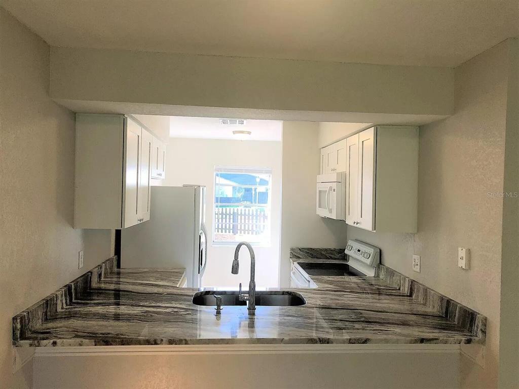A kitchen features white cabinets, a dark marble-patterned countertop, and a stainless steel sink — 10109 BLAZED TREE COURT, ORLANDO, FL