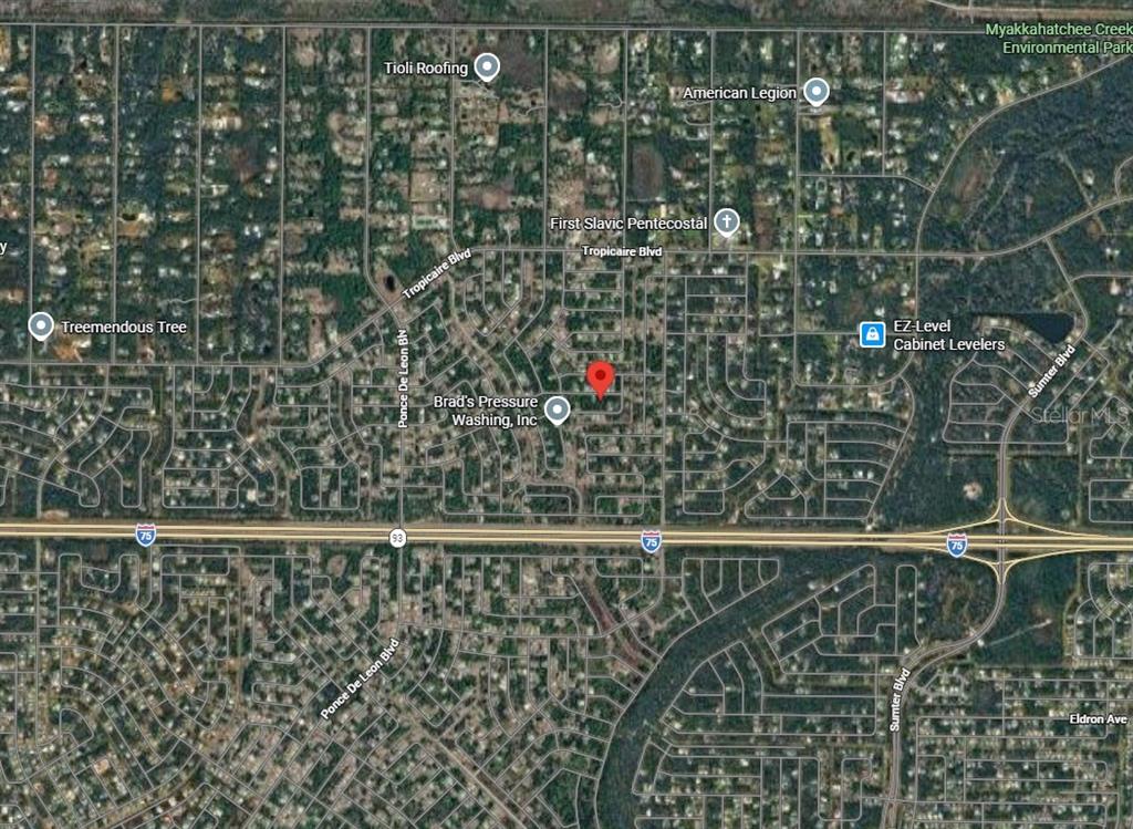 This is a satellite map view of a residential neighborhood near Interstate 75 — Lot 14 BLUERY AVENUE, NORTH PORT, FL