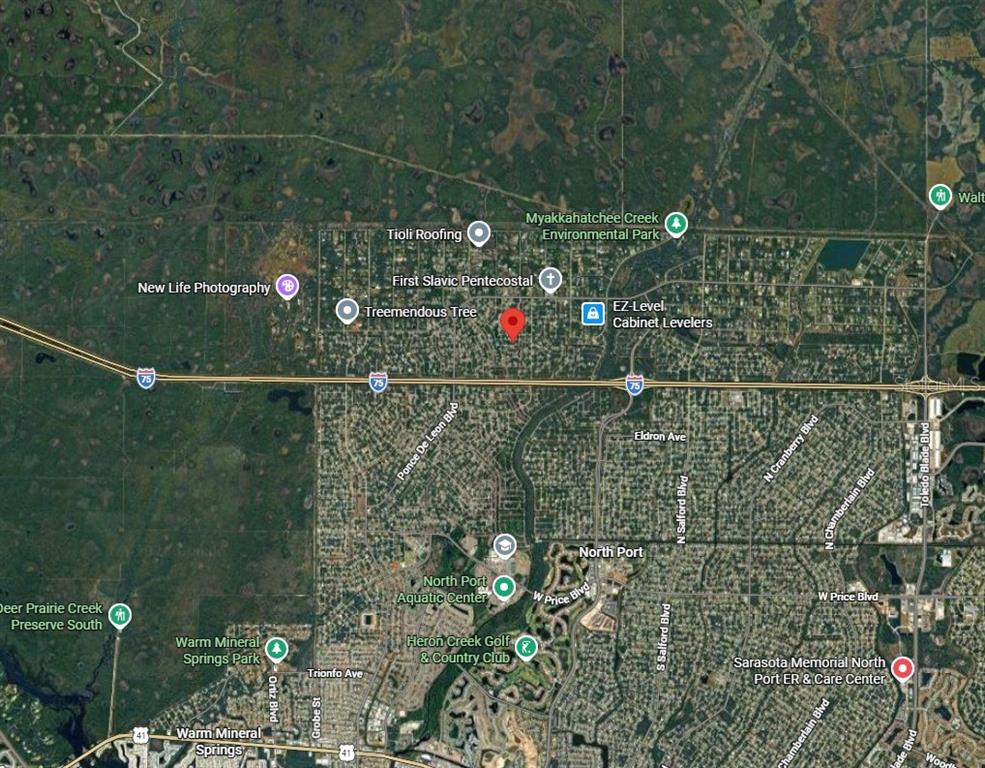 This is a satellite map showing the North Port area of Florida with various landmarks — Lot 14 BLUERY AVENUE, NORTH PORT, FL